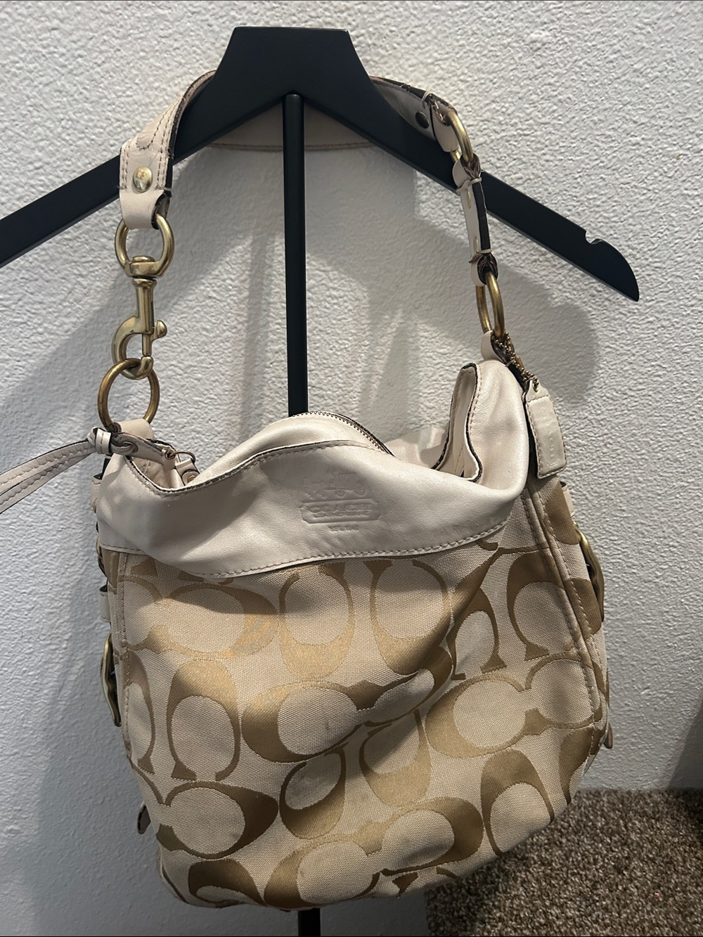 Coach Beige & Cream Signature Hobo Shoulder Bag